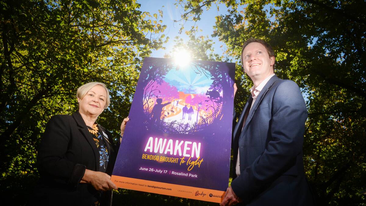 Mayor Jennifer Alden and marketing manager Glenn Harvey announce the new Awaken Festival for Bendigo this winter. Picture: DARREN HOWE