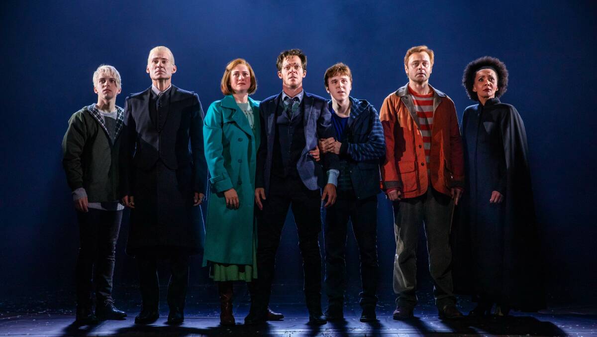 William McKenna as Scorpius Malfoy, Tom Wren as Draco Malfoy, Lucy Goleby as Ginny Potter, Gareth Reeves as Harry Potter, Sean Rees-Wemyss as Albus Potter, Gyton Grantley as Ron Weasley and Paula Arundell as Hermione Granger. Photo: Matt Murphy
