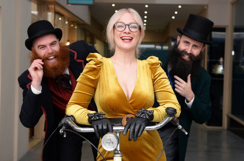 Liana Skewes (centre) with Jake Warren and Brayden Dorney at the launch of the 2021 Ballarat Tweed Ride. Liana wants to started a Bendigo Tweed Ride in 2023. Picture by Kate Healy