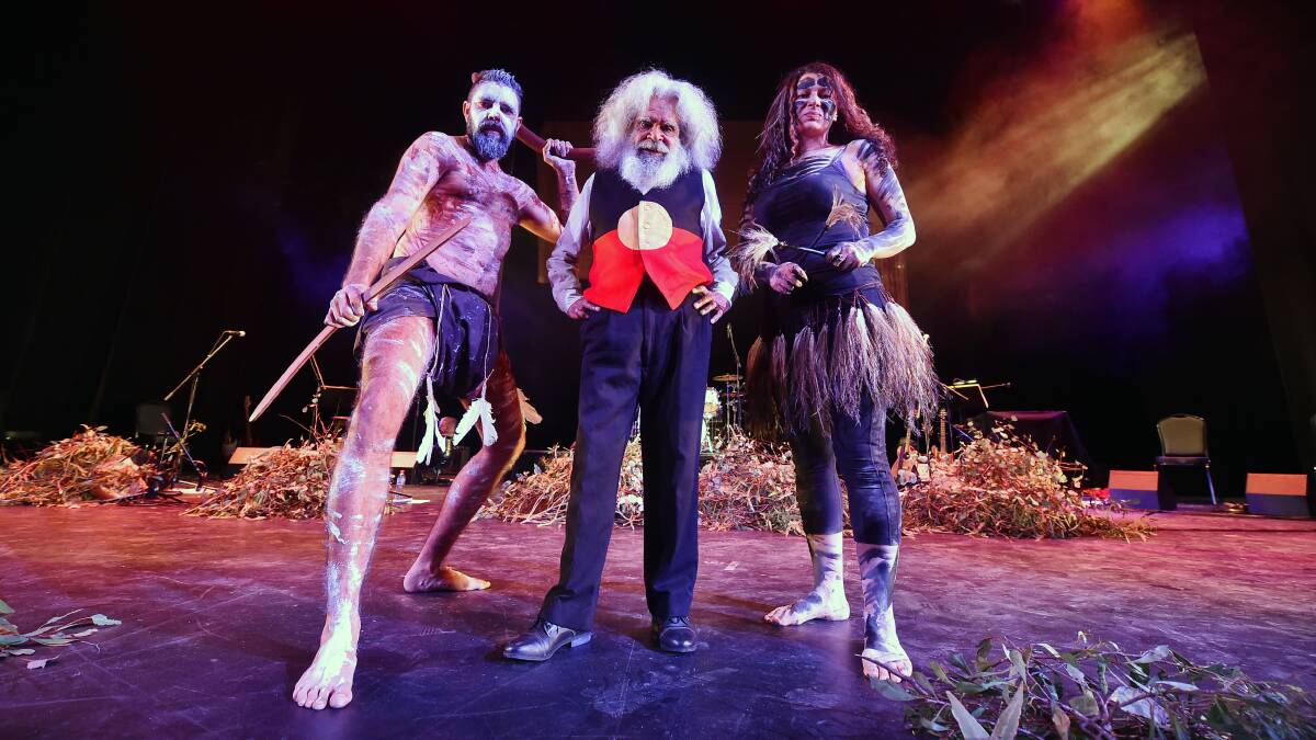 Trent Nelson, Uncle Jack Charles and Rebecca Phillips perform together in Ulumbarra: Gather Together at Ulumbarra Theatre. Picture: DARREN HOWE
