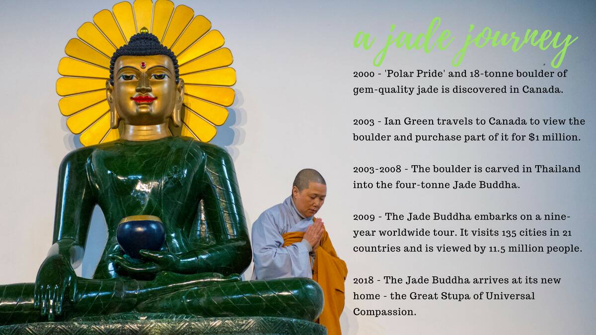 From boulder to Buddha: Jade Buddha arrives home at Great Stupa