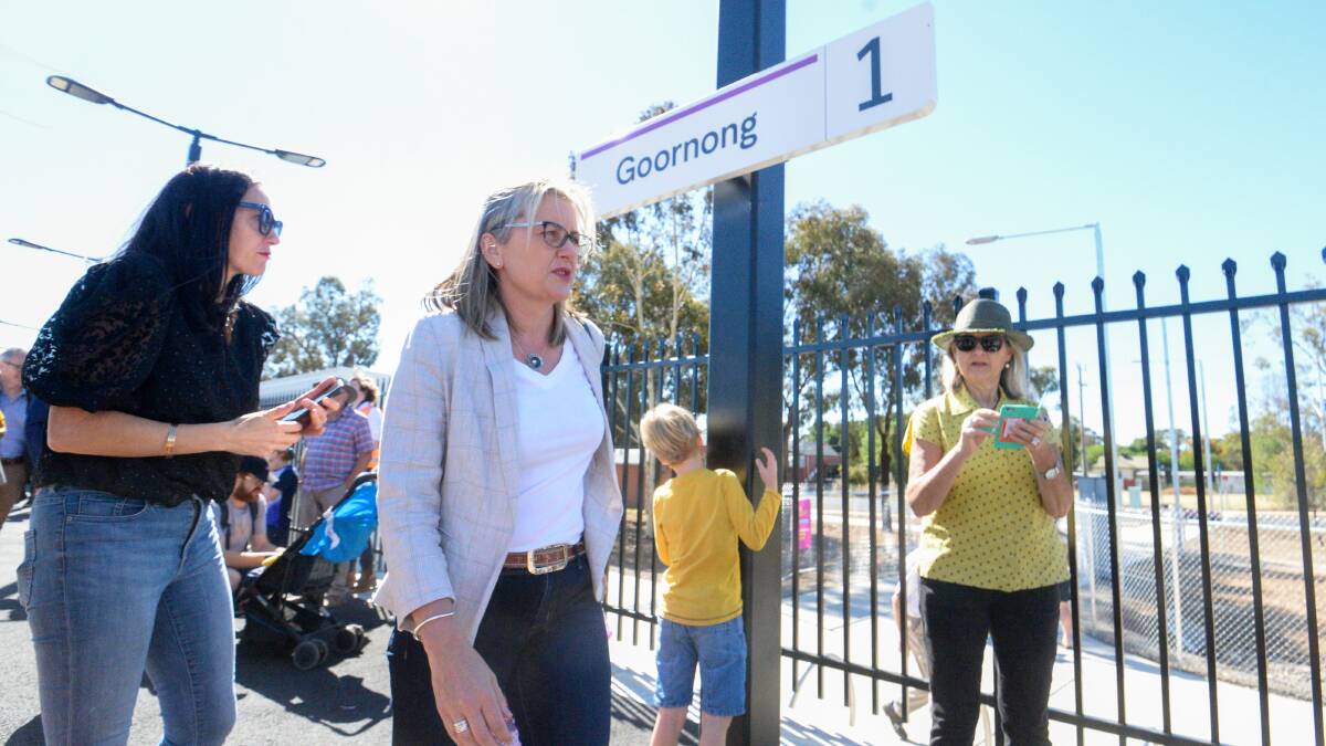 ALL ABOARD: The Goornong community turned out in force yesterday to welcome the first passenger train to its new station. Picture: DARREN HOWE