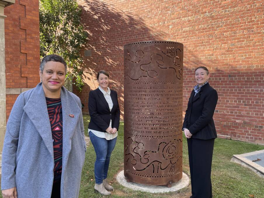 Mariaa Randall, Maree Tonkin and Julie Amos with the Acknowledgement of Country Sculpture in View Street. Picture: CHRIS PEDLER