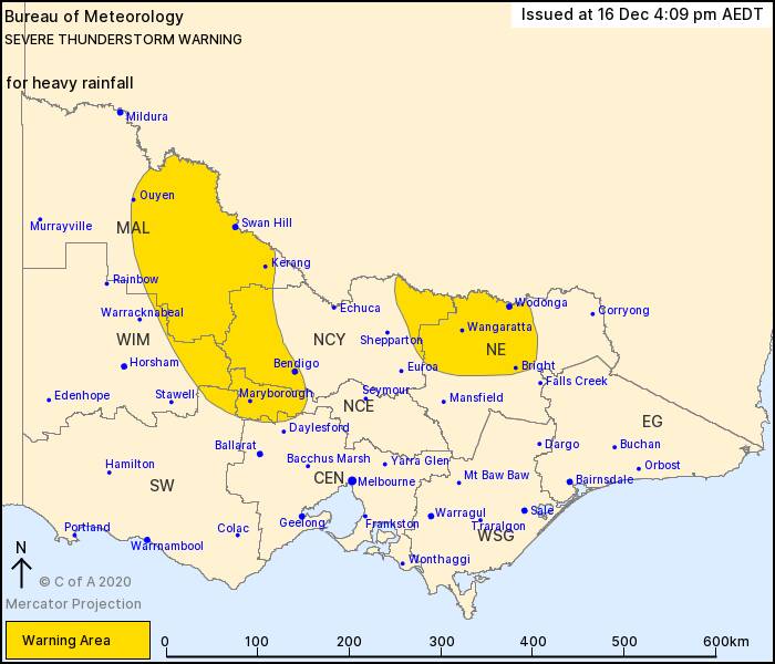 The warning area for severe thunderstorms. Picture: BUREAU OF METEOROLOGY