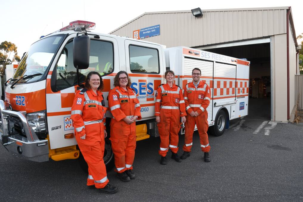 FRIENDLY: The SES is encouraging members of the community to put on a smile like Natalie Stanway, Melissa Church, Jemma Nesbit-Sackville and Brett Walsh from the Bendigo unit and get to know their neighbours. Picture: TARA COSOLETO