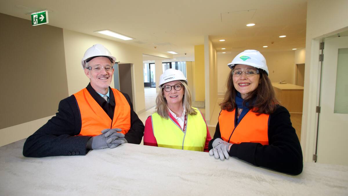 DESIGN FOR WELLBEING: Bendigo Health psychiatric services executive director Associate Professor Philip Tune, Exemplar Health CEO Michele Morrison and RMIT researcher Distinguished Professor Sarah Pink in the future psychiatric unit, which will be the focus of research into design. Picture: GLENN DANIELS
