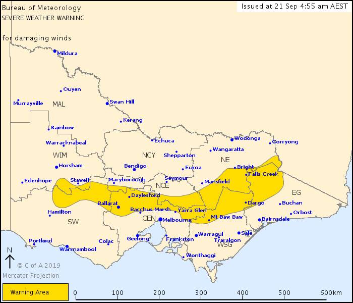 The warning area as at 4.55am. Central Victoria is no longer in warning area. Picture: BUREAU OF METEOROLOGY