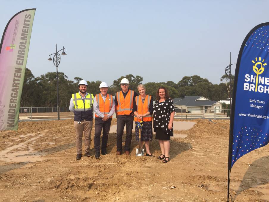 ON THE WAY: Lachlan Brogan, John Scobie, David Richmond, Bendigo West MP Maree Edwards and Suzi Sordan at the site of the Early Years Hub. Picture: SUPPLIED