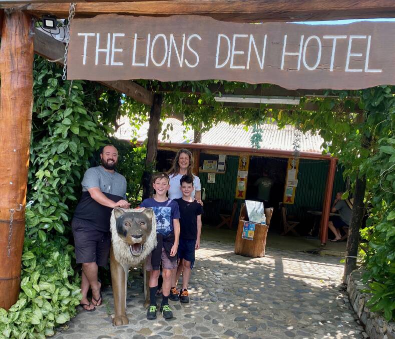 The Pannett family outside the Lions Den Hotel in Rossville, far north Queensland - their passion for a good pub so great, they travelled three hours to it for lunch. Picture: SUPPLIED