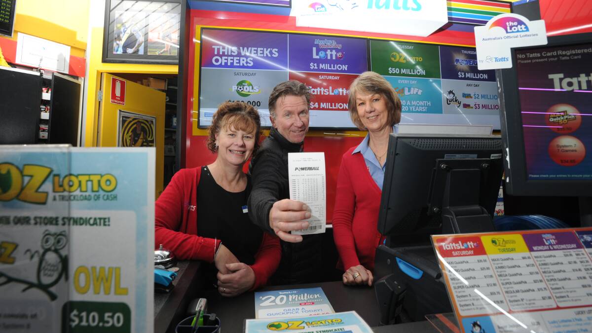CASHED UP: Eaglehawk Newsagency's Leo Trainor, with co-owner Charron Trainor and Jenny Lugg, says he is excited to have sold the winning ticket in Thursday night's Powerball draw. Picture: NONI HYETT