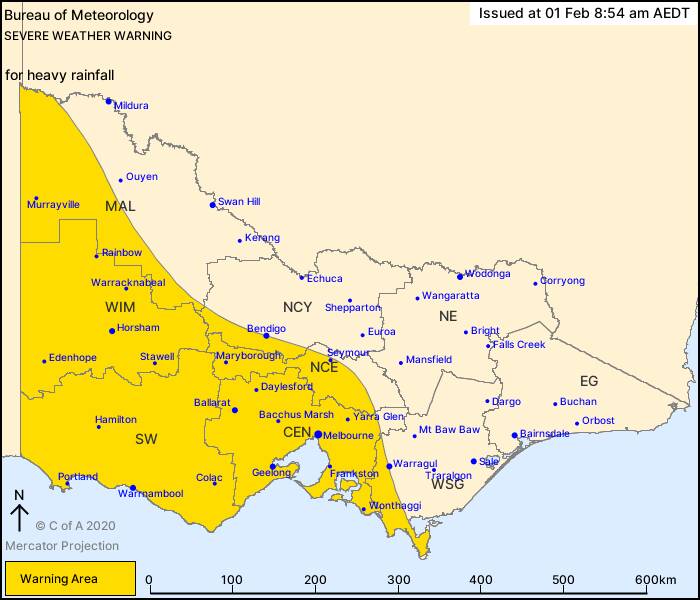 The warning area. Picture: BUREAU OF METEOROLOGY