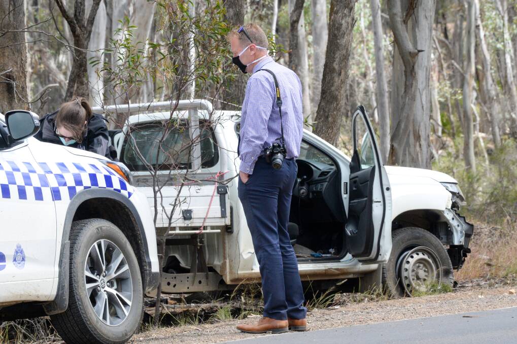 Police at the scene of the crash involving a stolen Mitsubishi Triton. Amanda Lee Dunn has pleaded guilty to theft of a motor vehicle in relation to this ute. Picture: DARREN HOWE