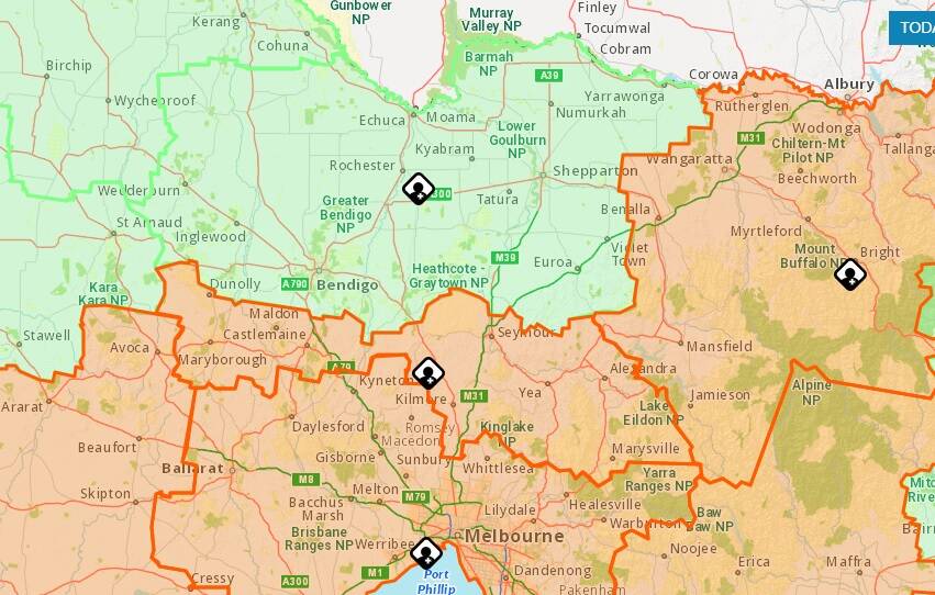 The areas in orange are considered to be at moderate risk, the areas in green at low risk. Picture: VicEmergency