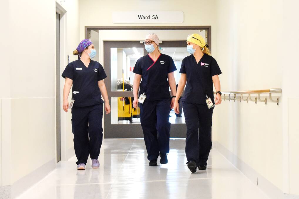 Nurses Abbey Blakely, Tiana O'Brien and Katie Buttersworth have been walking 10,000 steps each day in August for Step Up to Breast Cancer. Picture: DARREN HOWE