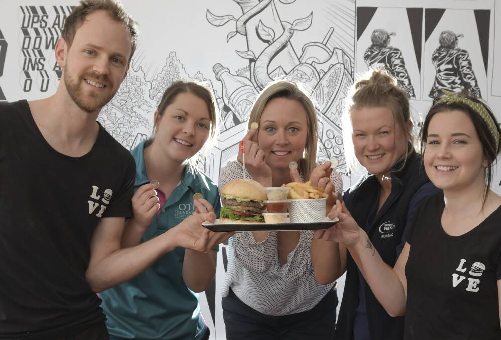 yan Holt of Grill'd, Mandy Mitchell from the Otis Foundation, Women in Sport representative Cath Robertson, Bendigo Health special care nurse Chloe Bish and Grill'd assistant manager Bridget Meadows: Picture: NONI HYETT