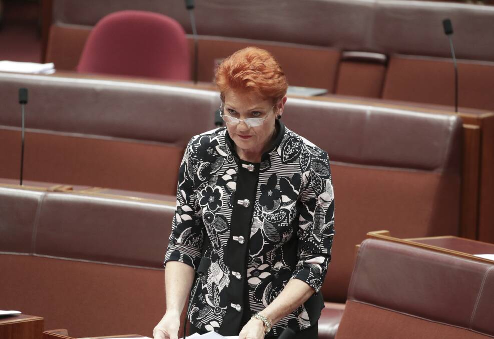 One Nation leader Pauline Hanson in the Senate on Monday. Picture: ALEX ELLINGHAUSEN