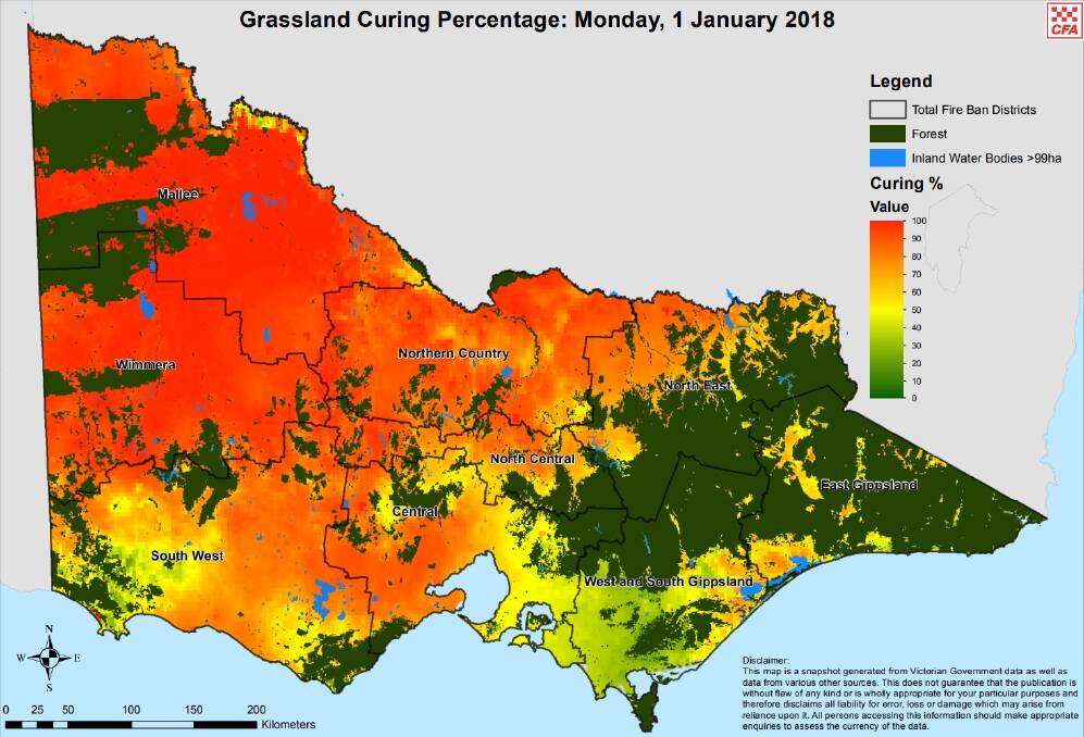 This map shows how dry grassy vegetation across the state is this week. Picture: CFA