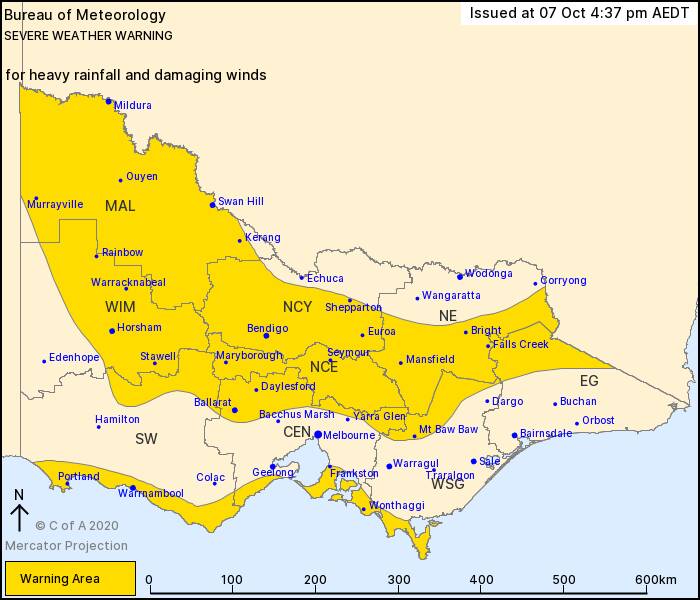Warning area as at 4.37pm Wednesday. Picture: BUREAU OF METEOROLOGY
