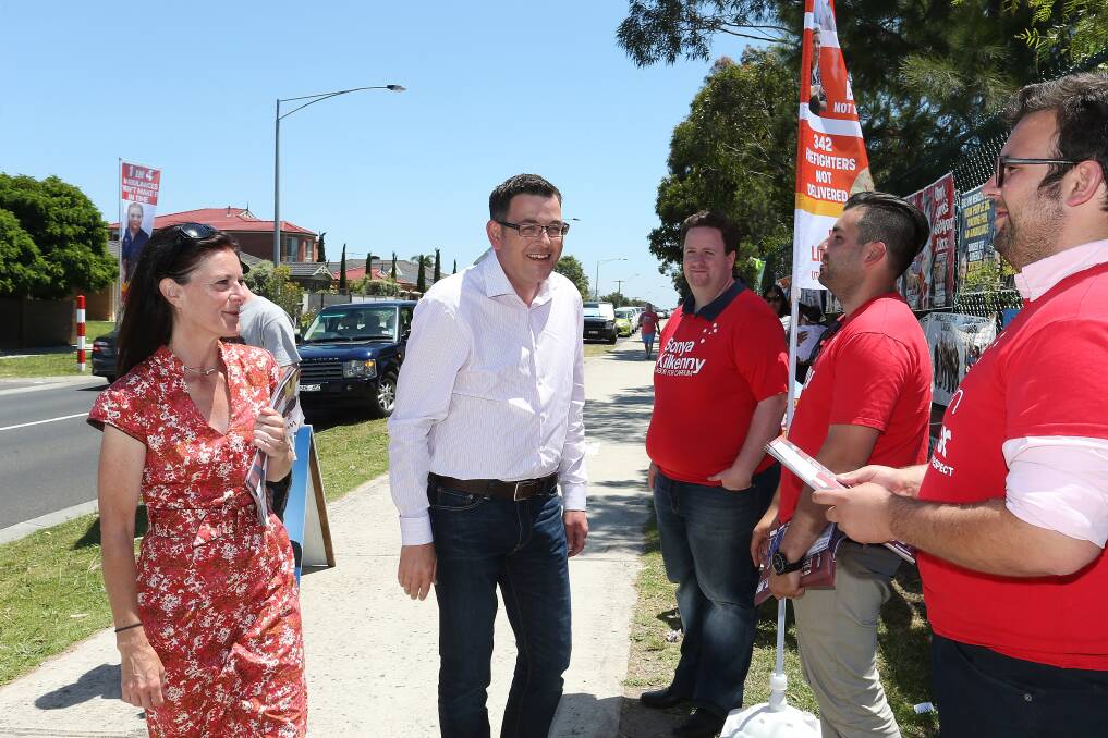 Premier Daniel Andrews and Carrum MP Sonia Kilkenny campaigning on the 2014 election day (Mr Andrews and Ms Kilkenny were not found by the Ombudsman to have breached parliamentary rules). Picture: Paul Jeffers/Fairfax Media