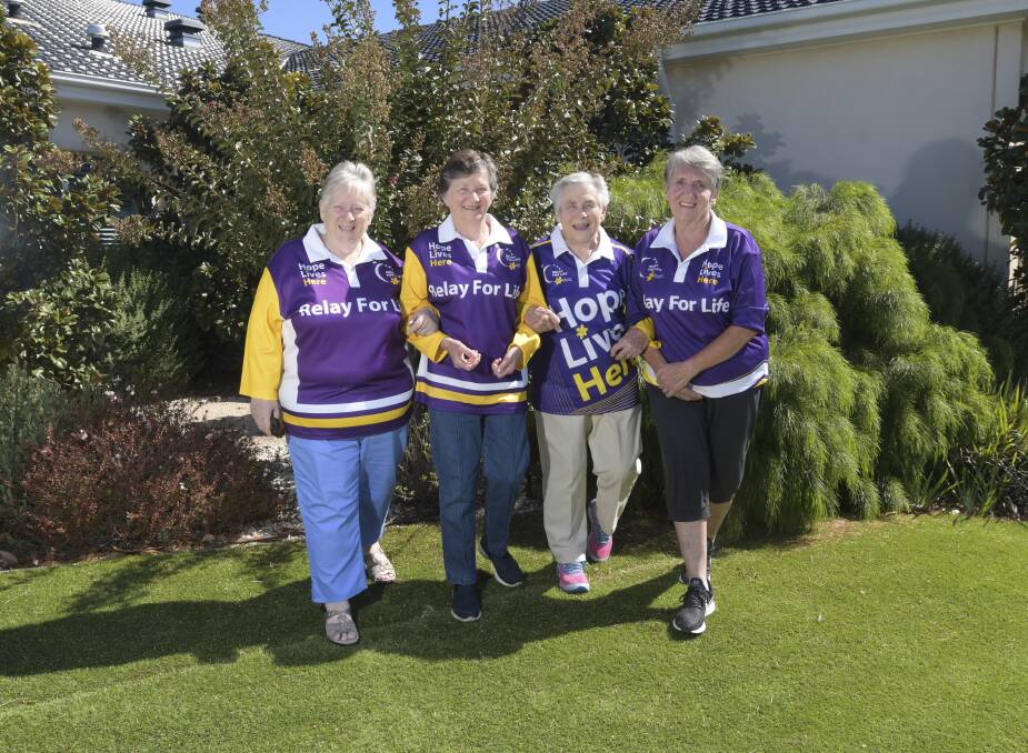 Faye Cook, Dot Harris, Lynette Cochrane and Yvonne Lakey of the Domain Village People are walking in this year's Relay For Life. Picture: NONI HYETT