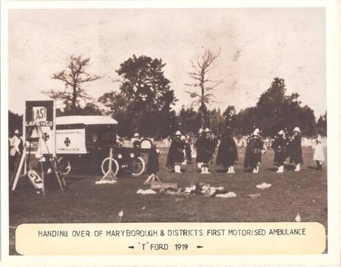 The handing over of Maryborough's first ambulance - a T model Ford - in 1919. Picture courtesy of Dianne Mullins
