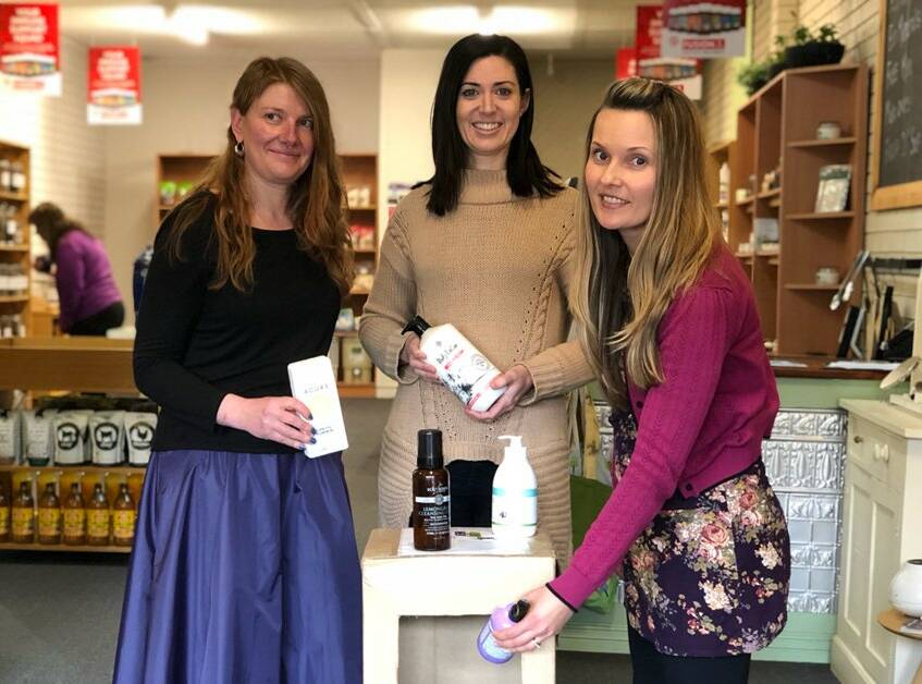 Inka Ferkova, Melanie Ryan and Laura Norton from Kyneton business Alter Your Health are collecting empty beauty product packaging for recycling.