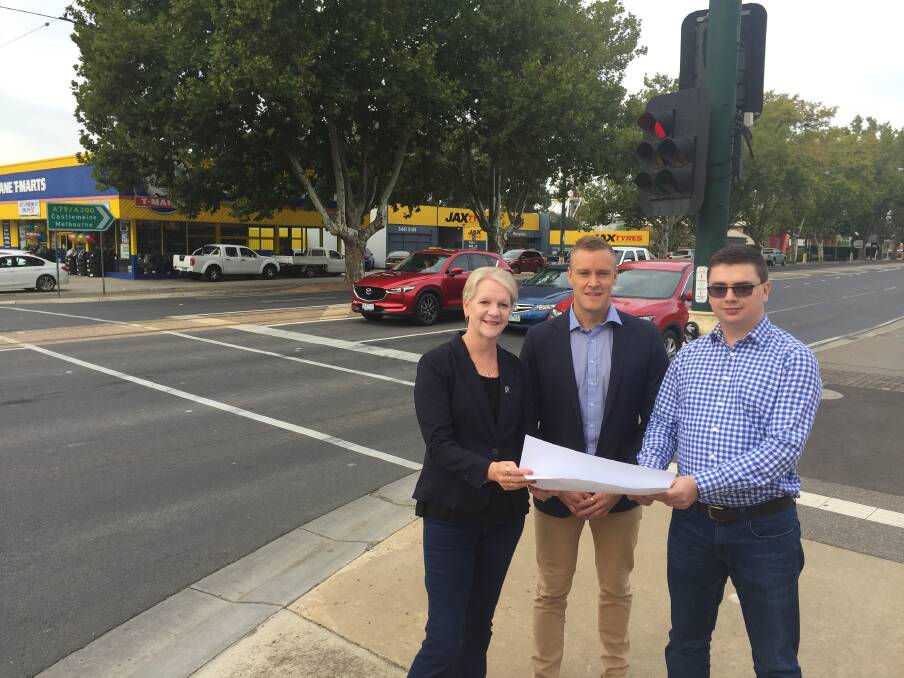 Bendigo West MP Maree Edwards, VicRoads regional director Brian Westley and project engineer Stuart Hooper at the site of the planned upgrade.