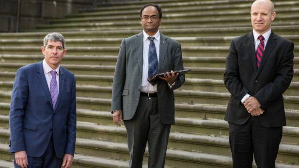 The three past presidents of AMA Victoria who are calling on MPs to oppose assisted dying legislation. From left: Dr Stephen Parnis, Dr Mukesh Haikerwal, and Dr Mark Yates. Photo: Jason South