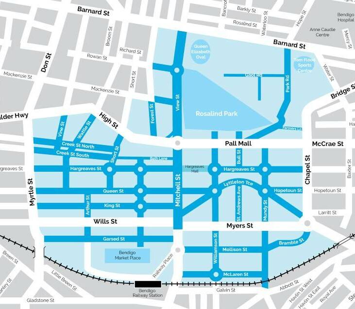 SLOW DOWN: The new 40 km/h speed limit will apply to the roads shaded blue from Sunday, July 1. Picture: CITY OF GREATER BENDIGO