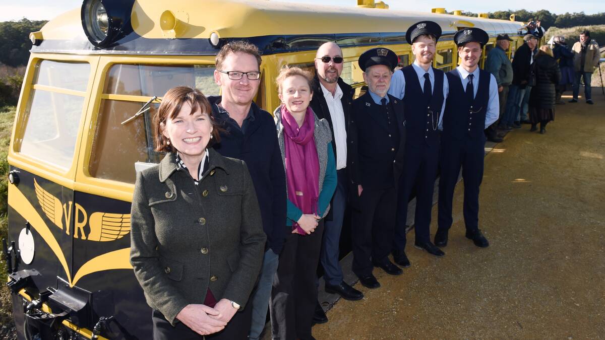 ALL ABOARD: MP Mary Anne-Thomas, the winery's Cameron and Marion Leith, volunteers Stuart Smithwick, John Jeffkins, Steven Fiume and Liam Deppeler. Photo: Kate Healy
