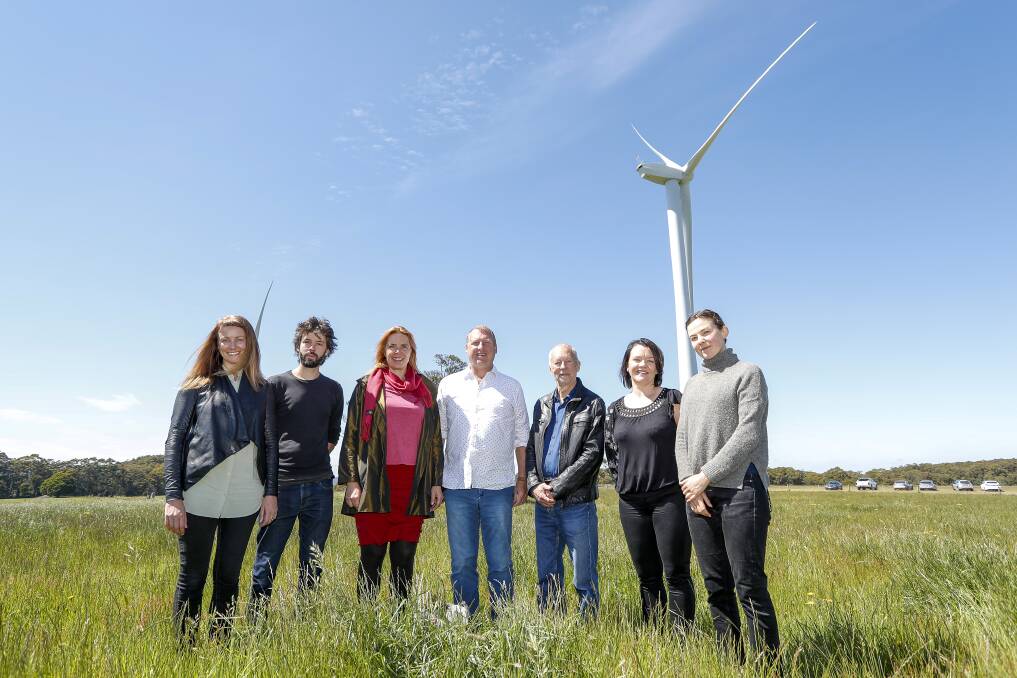 Taryn Lane (Manager), David Perry (Director), Justine Watson (Member), Mitch Watson (Working Group Member), Graham White (Board Chair), Rebecca Pedretti (Hepburn Shire Council) & Marie Lakey (Communications Officer) at the wind farm after the announcement. Photo: Dylan Burns