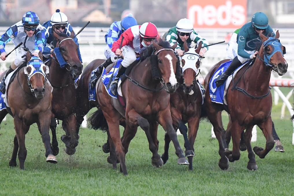 ON THE BOARD: Showmanship, ridden by William Pike (red and white colours), wins at Caulfield on Saturday. Picture: PAT SCALA/RACING PHOTOS