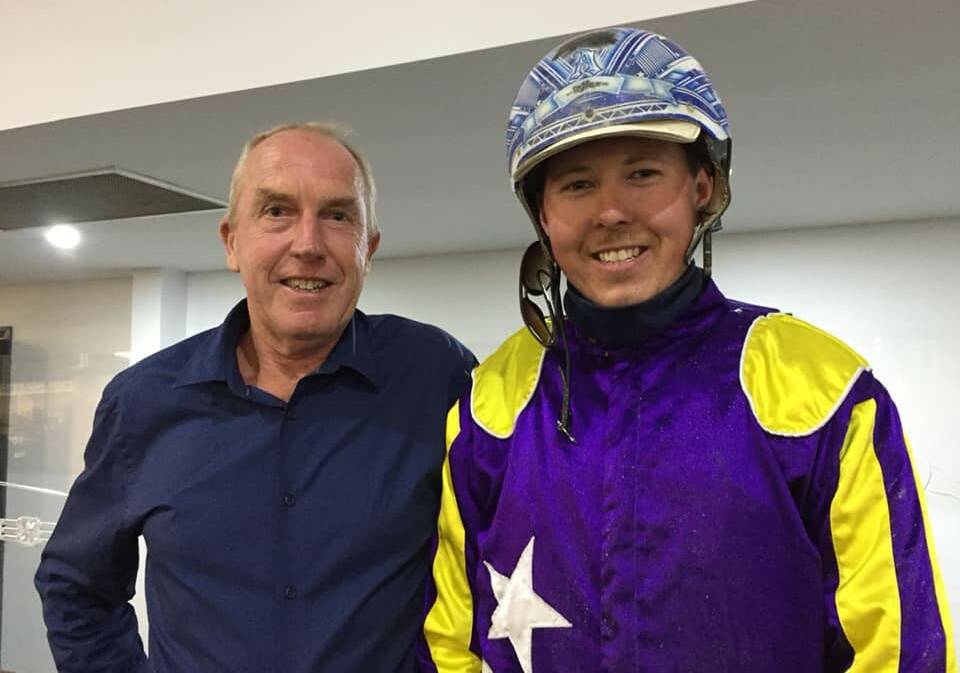 Alex Ashwood is pictured after he and Kate Hargreaves' win in the Russell Waight Electrical Trot at Ballarat on Wednesday. He is pictured with race sponsor Russell Waight. Picture: BALLARAT AND DISTRICT TROTTING CLUB