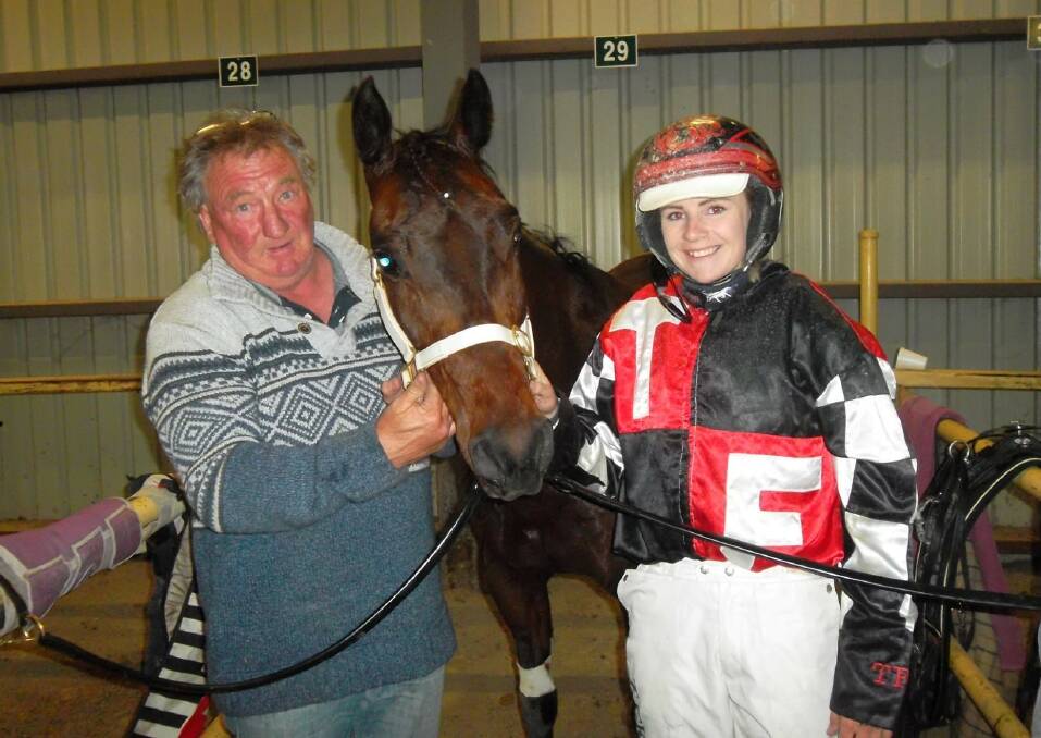 Terry and Tayla French with Joey's Hangover following Wednesday night's win at Shepparton. Picture: SHEPPARTON HARNESS RACING CLUB
