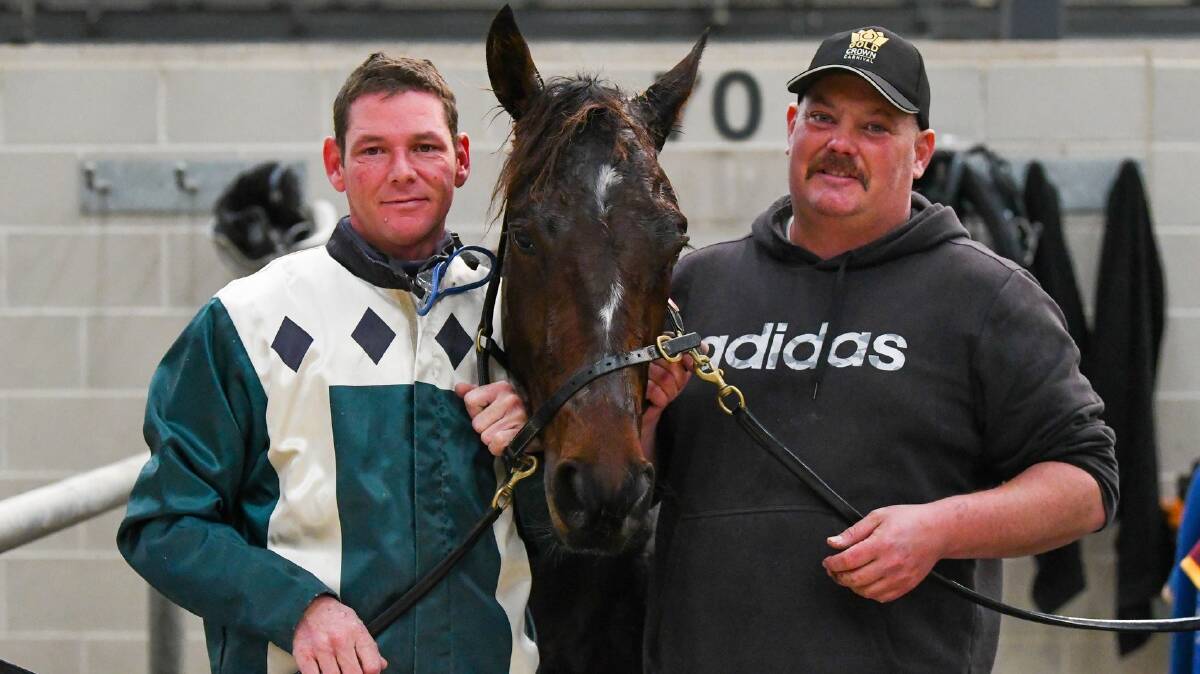 Driver Leigh Sutton and trainer David Van Ryn celebrate their win with Uptown Lad in heat four of the Harness Racing NSW 2YO Trotters Foundation series on Tuesday. Picture: RACING AT CLUB MENANGLE