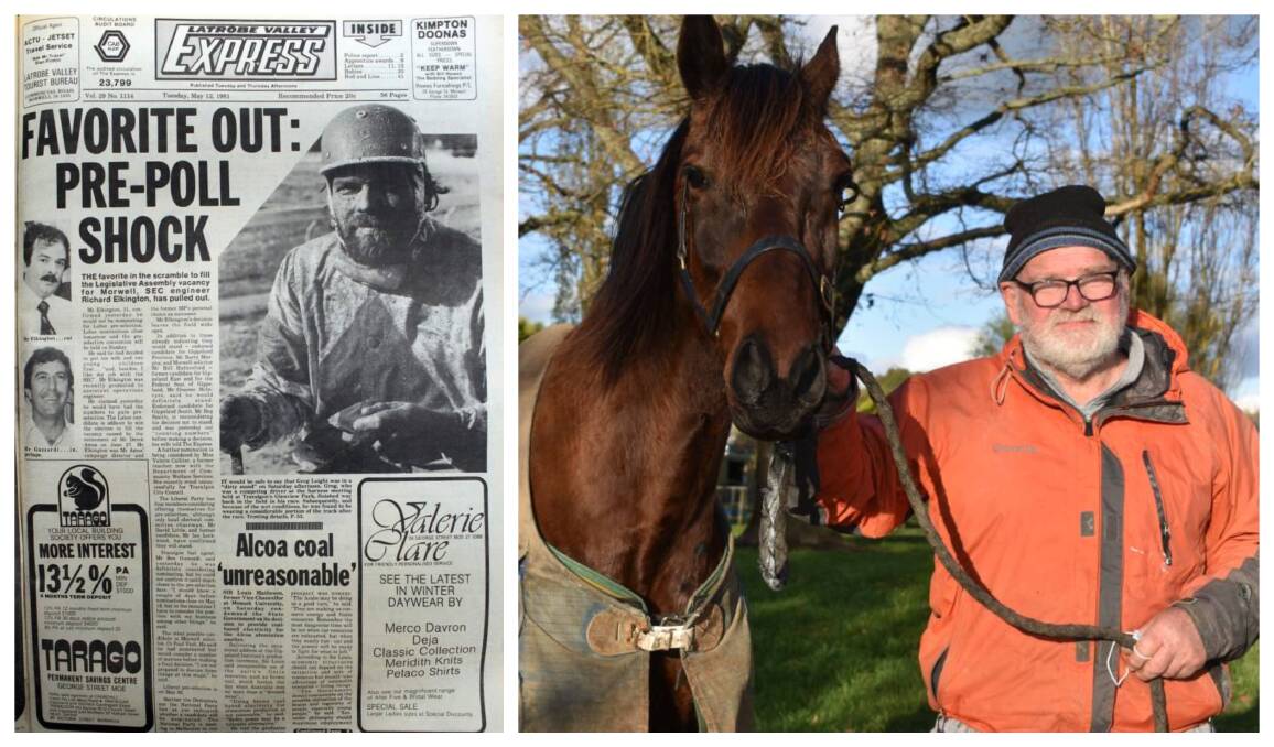 Greg Leight with Daddywho (right), and as he appeared on the front page of the Latrobe Valley Express after a race meeting at Traralgon in 1981.