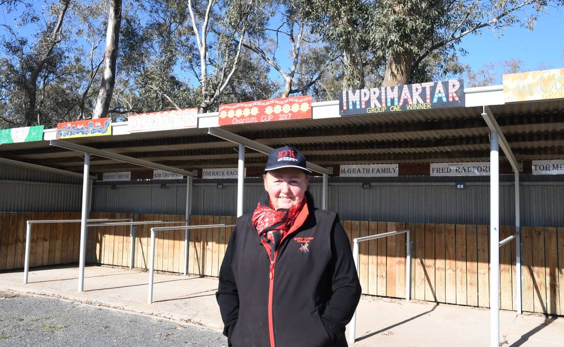 CREATIVE: Marketing manager Andrea O'Gorman stands in front of some of the indigenous-themed art work, which adorns the horse stalls at Charlton. Picture: KIERAN ILES
