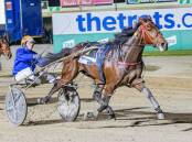 Jack Laugher steers Mister Hunter to victory in the $150,000 APG Vic Gold Bullion 2YO Colts and Geldings Final at Tabcorp Park Melton on Saturday night. It was the 23-year-old driver's first Group 1 success. Picture: STUART McCORMICK
