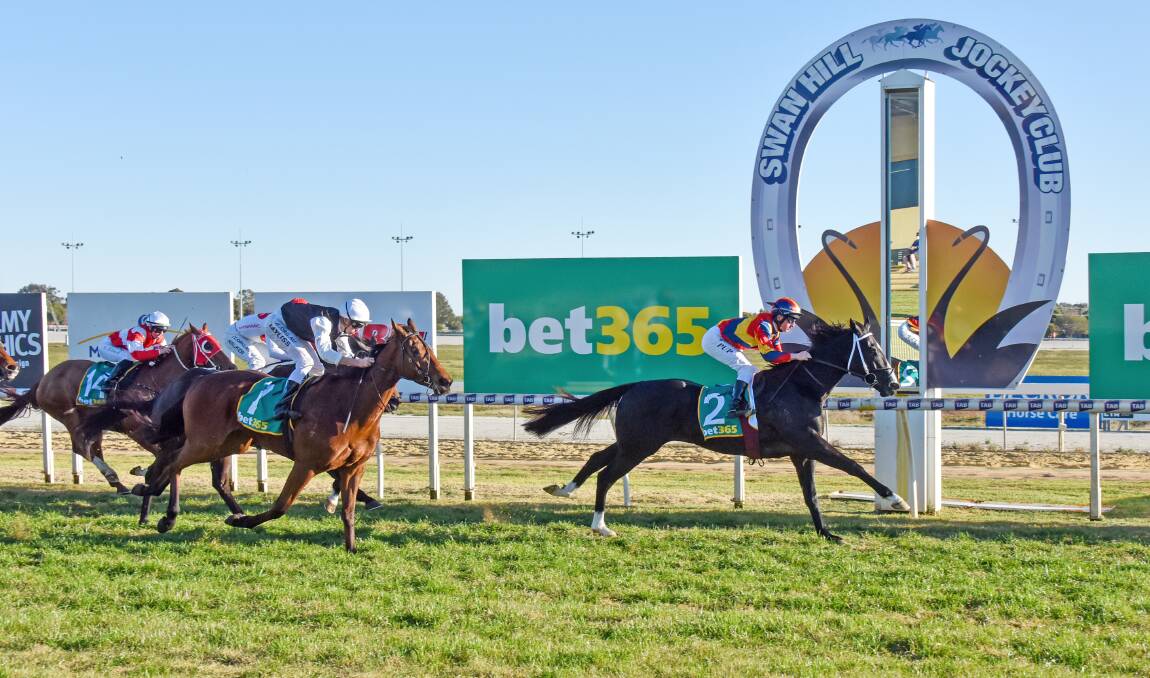 Coming Around flashes home to finish second second behind More Than Exceed in the $90,000 Mildura Cup. Picture: RACING PHOTOS