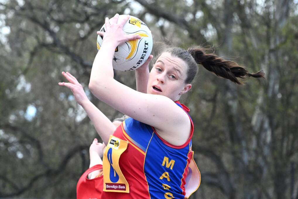 Danielle O'Toole goes full bore for Marong during the 2023 Loddon Valley netball season. Picture by Darren Howe