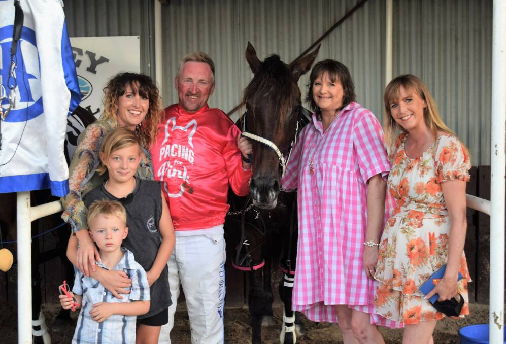Whata Journey and winning driver Glenn Douglas savour success with Katie McCloy and sons Zak and Charlie, Julianne Morris and Sally Field at Lord's Raceway on Wednesday night. Picture: KIERAN ILES