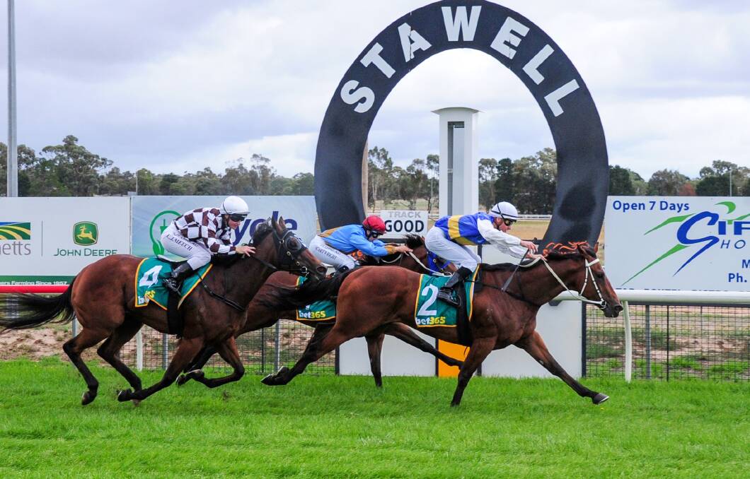 EXCITING DEBUT: Rogue Star with Jack Martin in the saddle, powers to an impressive 1100m victory at Stawell on Wednesday for Bendigo trainer Kym Hann. Picture:BRENDAN McCARTHY/RACING PHOTOS