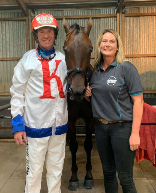 Winning driver Michael Bellamn and trainer Rebecca Morrissey with maiden winner Lion Heart at Geelong on Wednesday night. Picture: GEELONG HARNESS RACING CLUB FACEBOOK PAGE