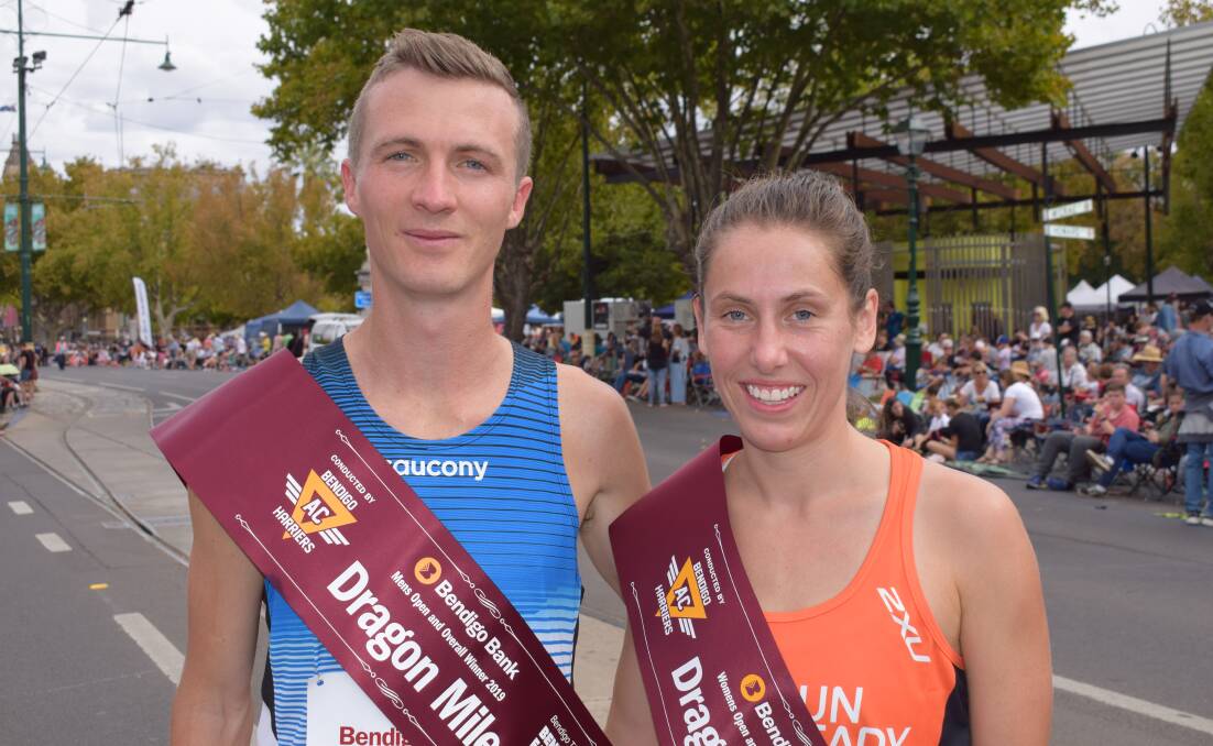 Andy Buchanan and Whitney Sharpe following their respective open wins in the 2019 Dragon Mile in Bendigo. Picture: KIERAN ILES