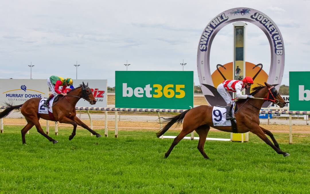 Queen Guinevere, ridden by Harry Coffey, wins the Academy Graphics BM58 Handicap at Swan Hill on September 29, 2020. Picture. BRENDAN McCARTHY/RACING PHOTOS