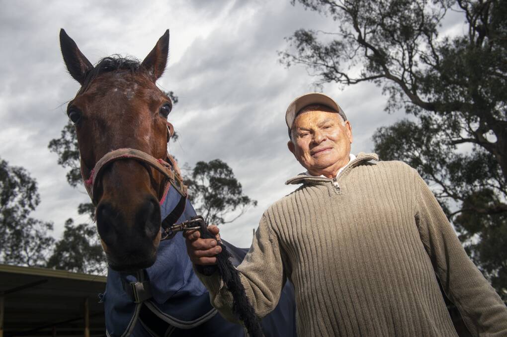 Lockington trainer Ted Jepsen with his lone pacer Wenthestarzzzaline at the Elmore racetrack. Picture: DARREN HOWE