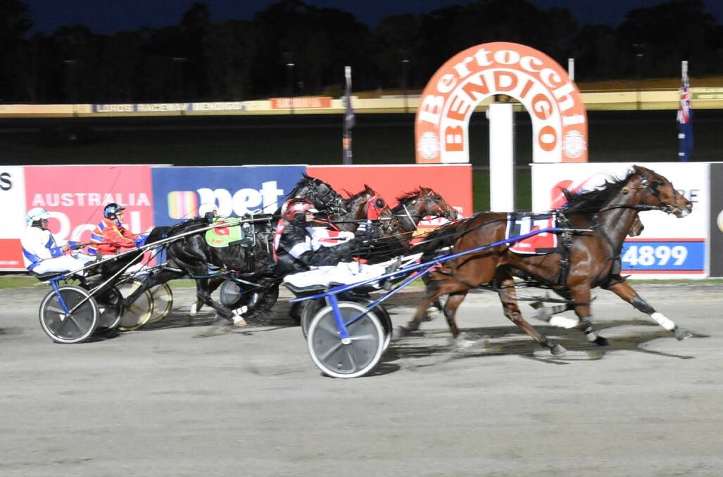 Tayla French and Kennys Killer (outside) edge out Chris Alford and Mea Culpa to win the opening race at Lord's Raceway on Monday night. Picture: CLAIRE WESTON PHOTOGRAPHY