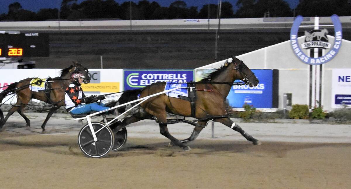 Hard Rock Shannon, driven by Tayla French, scores a convincing victory at Shepparton on Tuesday night. The veteran pacer won the Alice Laidlaw Pace on a program that celebrated International Women's Day. Picture: CLAIRE WESTON PHOTOGRAPHY