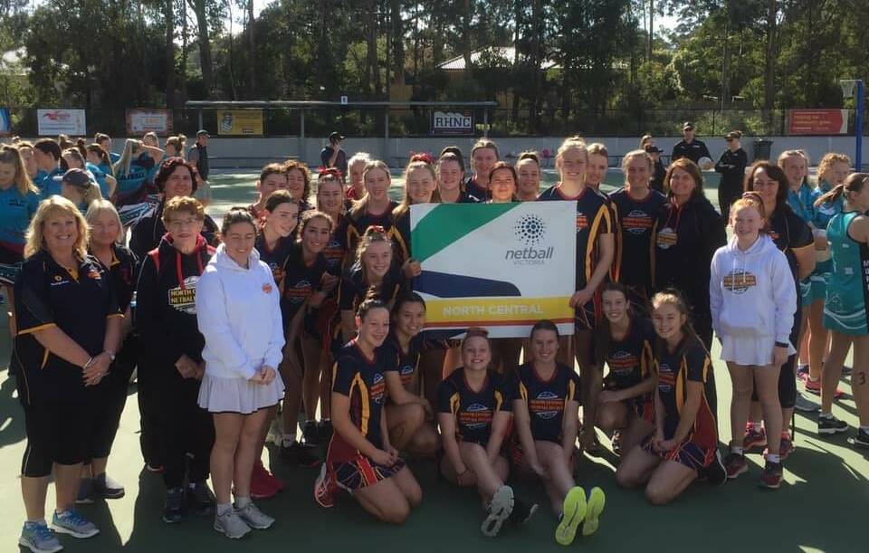 North Central players, coaches and officials gather at the Netball Victoria State Titles in Melbourne. Picture supplied by Vanessa Saunders