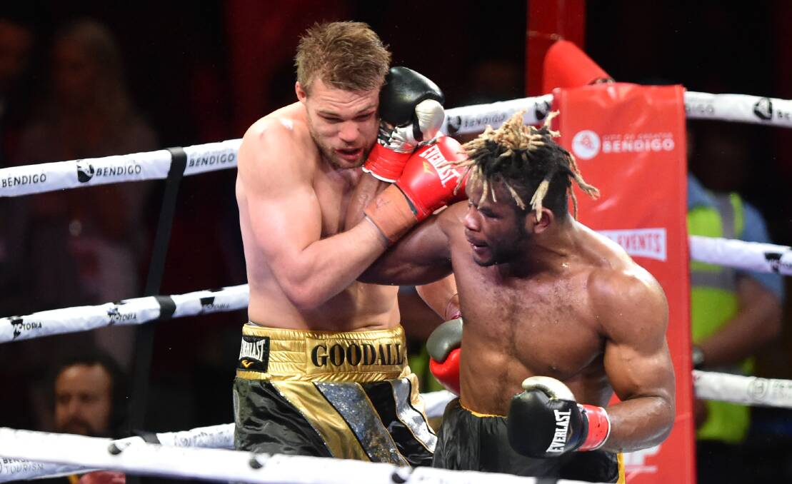 Former Bendigonian Joseph Goodall and Christian Ndzie Tsoye produced one of the night's most entertaining bouts on the Battle of Bendigo card. Picture: GLENN DANIELS